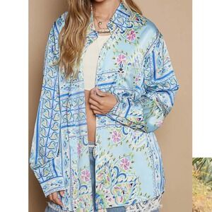 NWOT POL Garden Grove button down in multi blue‎ color size large.